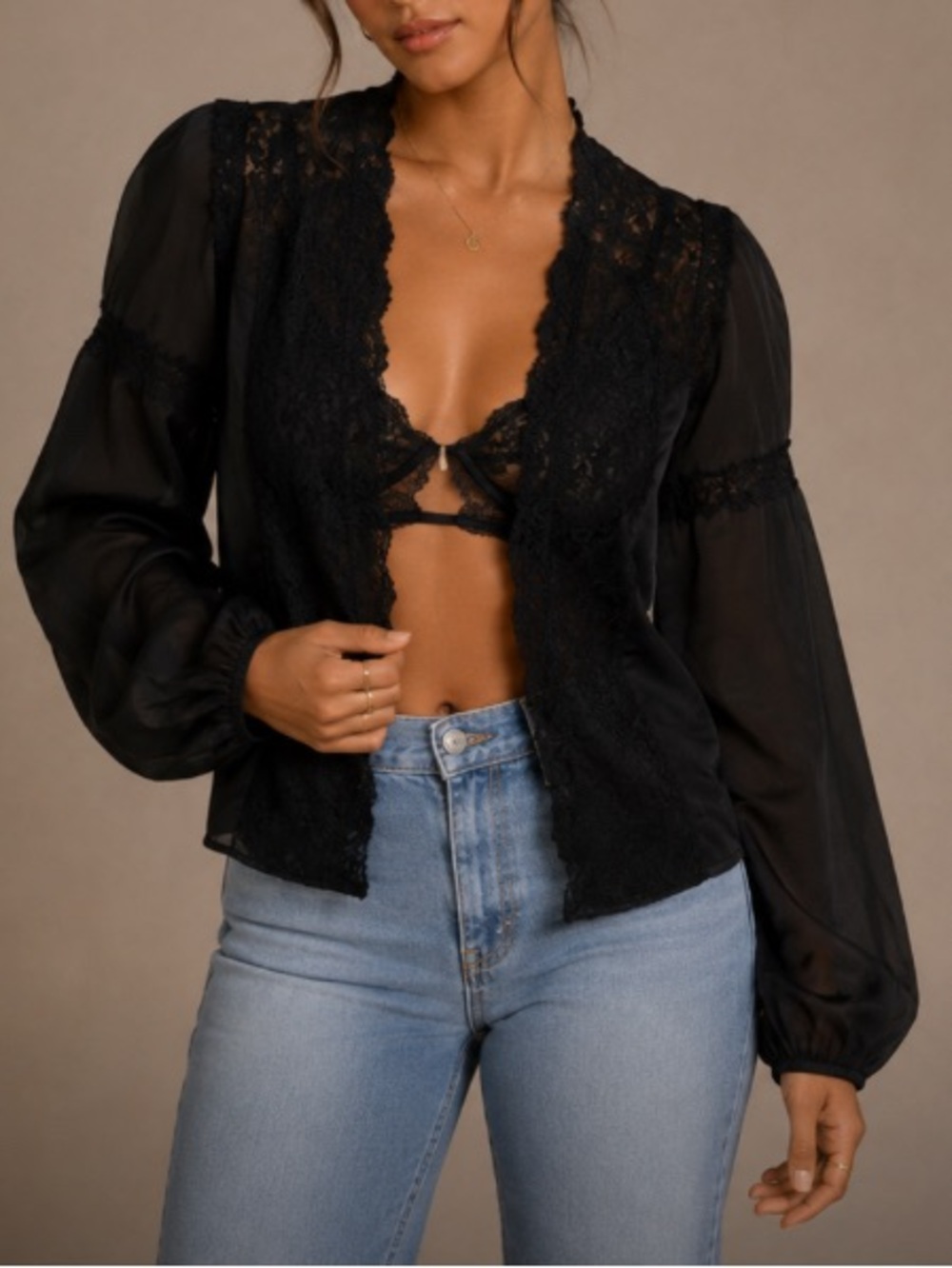 Black Lace-Trim Long Sleeve Top